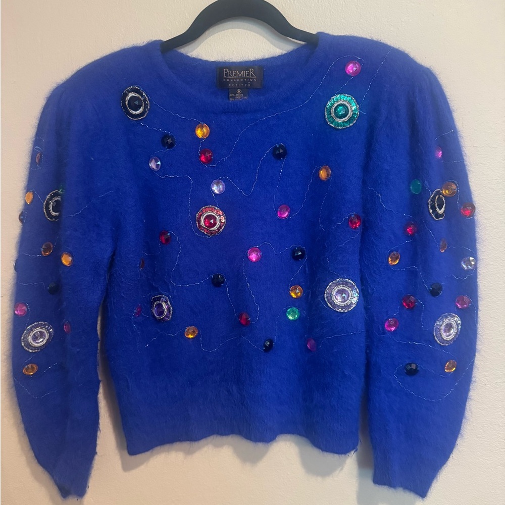 Vibrant Colorful Retro 80’s Petites Royal Blue Beaded Fuzzy Crewneck Sweater
